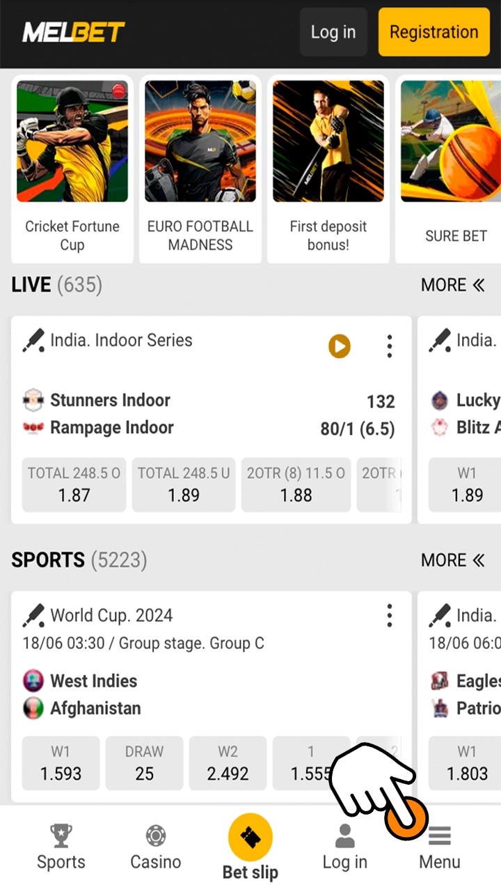 Click on the menu button on the MelBet homepage.