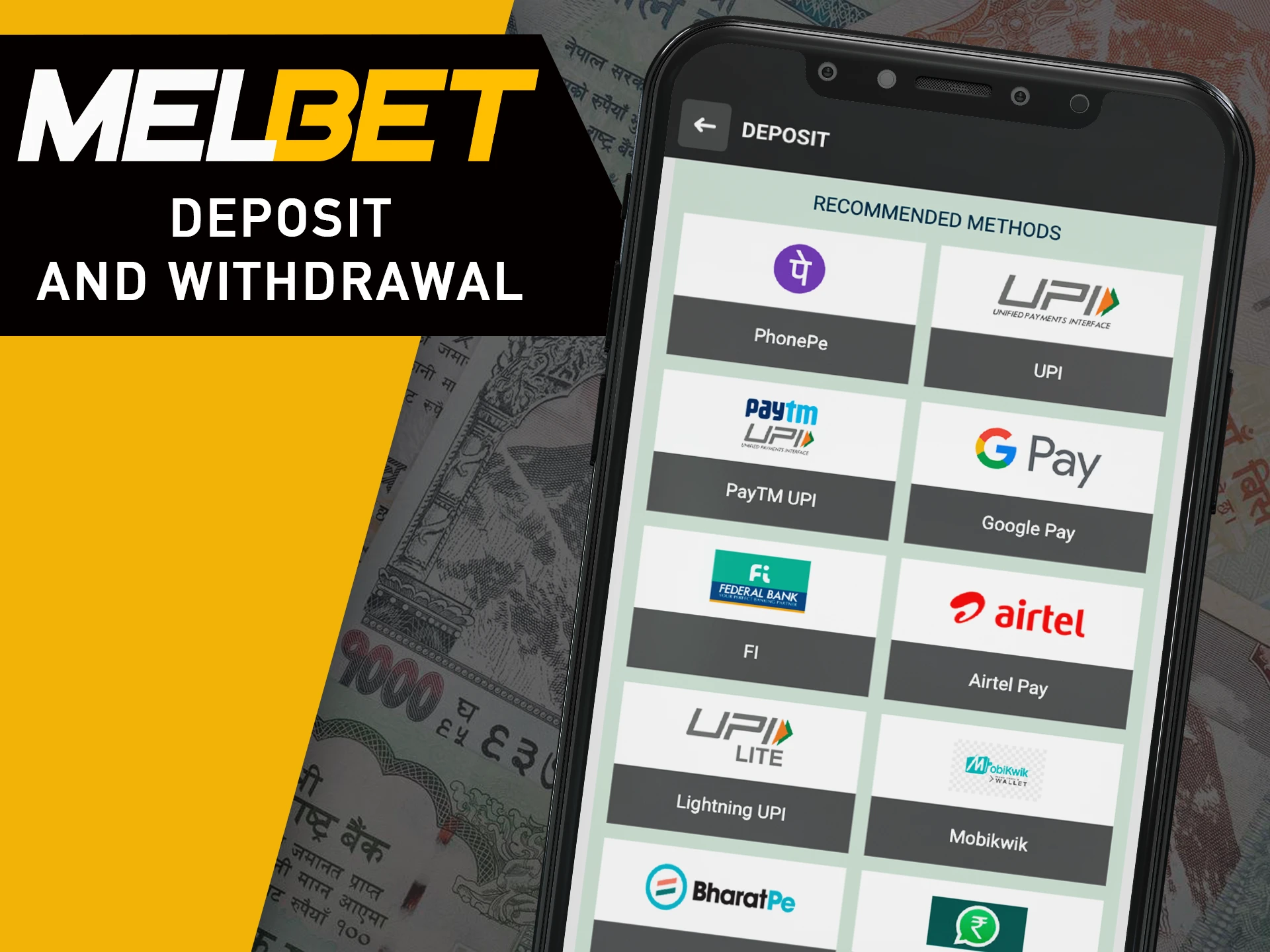 Deposit and withdraw winnings from the MelBet app.