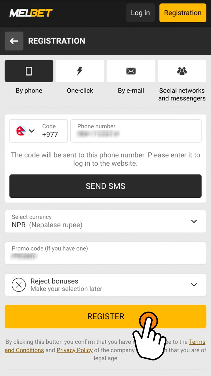 Complete the registration of your MelBet account by clicking on the Register button.